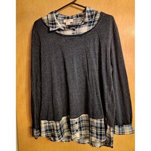 Style & Co Top Plaid & Denim Blue Layered Long Sleeve Collared Shirt Top Women's